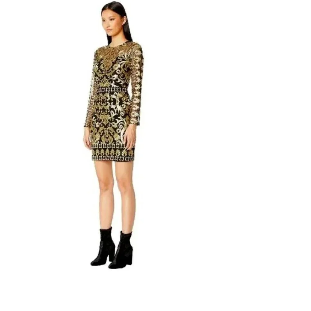NWT - Nicole Miller - Gold Embroidered Scroll Illusion Dress - Size 6